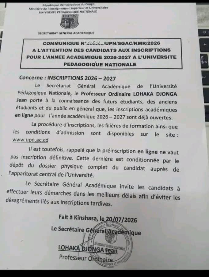 Inscription année académique 2026-2027